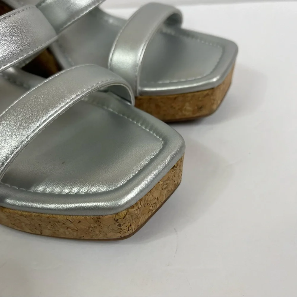 Solanz Jimmy Silver strappy cork platform wedges